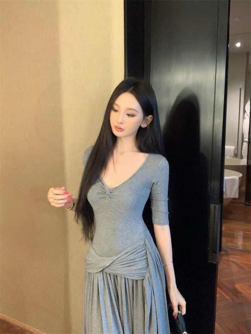 25Aug. 簡約韓系V領褶皺紙片連身裙 灰