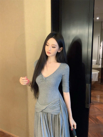 25Aug. 簡約韓系V領褶皺紙片連身裙 灰