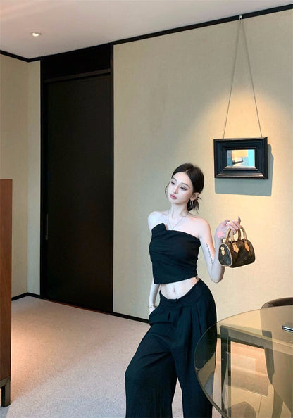 Jun. Origin 自然老錢 不規則抹胸高腰闊腿褲套裝 黑