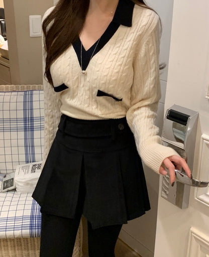 Oct. 俏麗甜心 撞色V領麻花針織長袖上衣 米色/黑色