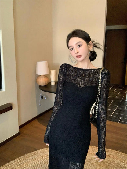 May. Backless dress歐美透視感疊穿連身裙（含內搭）黑