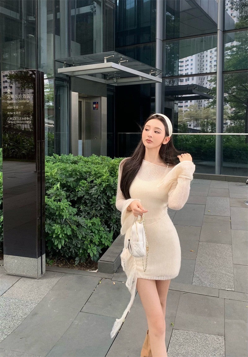 Jan. Cellos*nata裙擺玫瑰 溫柔疊穿同色系連身裙 針織外罩裙 杏色