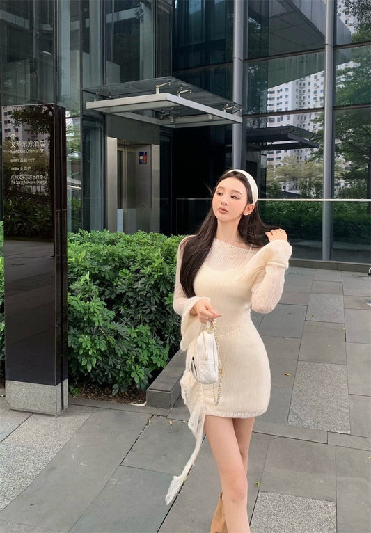 Jan. Cellos*nata裙擺玫瑰 溫柔疊穿同色系連身裙 針織外罩裙 杏色