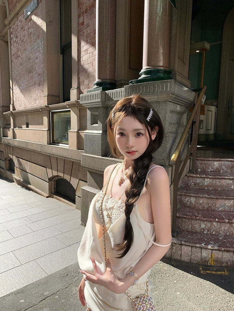 Mar. 豆蔻少女 立體繡花拼接蘯領抽繩連身裙 白