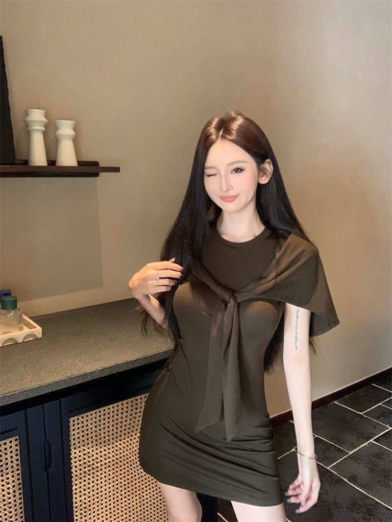 25Aug. 懶人單品 超模彈力圓領連身裙附繫帶 咖/黑