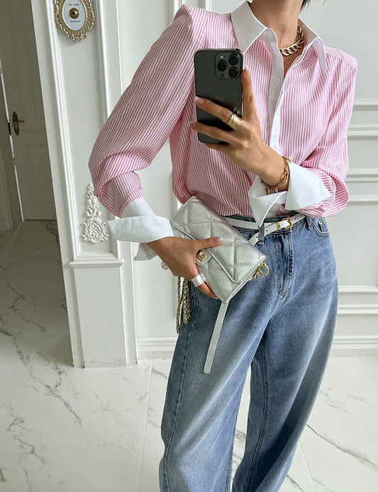 25Sep. 東大門經典撞色包邊修身條紋襯衫 粉/藍/黑