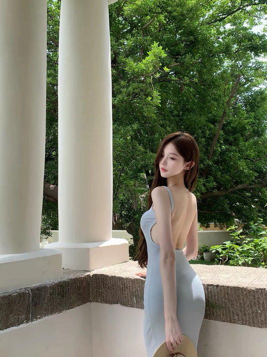 26Jul. 歐美控懶人裙挖背修身連身裙 淡藍/黑