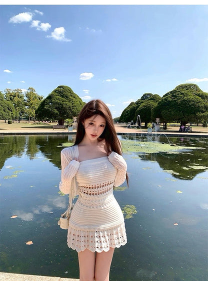 25Oct. 氣質浮雲立體縷空針織連身裙套裝 白