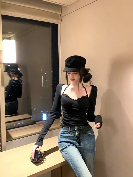 25Nov. 私有浪漫純慾假兩件綁帶掛脖上衣 黑/奶茶色