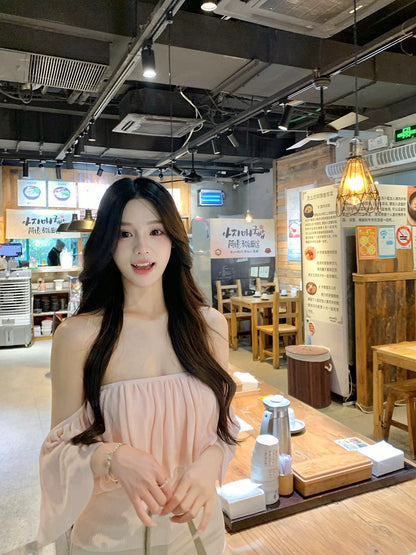 26Apr. 韓女氣質荷葉一字領2穿上衣 粉/杏/咖
