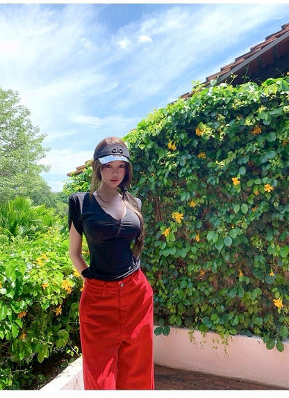 25Jul. 黑繃帶面膜V領收腰上衣