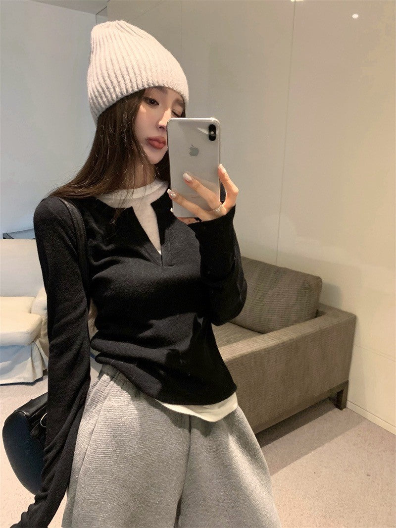 Feb. 中性美 慵懶休閒假兩件式拼色圓領上衣 黑/卡