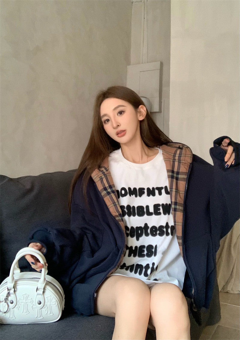 25Jul. 休閒時髦精 格紋拼接連帽外套 藏藍