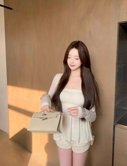 May. 溫柔韓系 加胸墊抹胸上衣外套2件套 米/粉