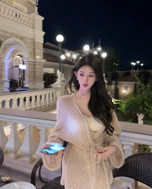 Mar. 貴感慵懶 網眼寬鬆綁帶針織開衫 杏