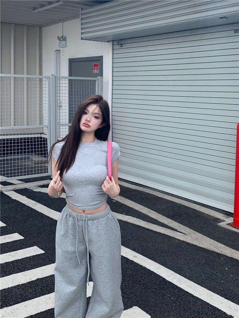 May. 清爽公式 簡約慵懶美式緊身上衣 鬆緊抽繩棉褲 灰