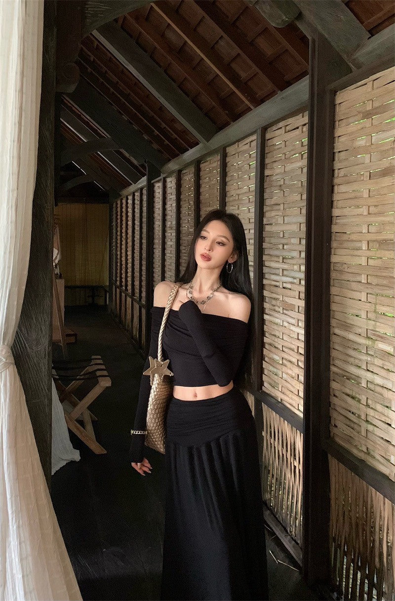 Apr. 法式浪漫 氣質一字翻領高腰抓皺半身裙套裝 黑