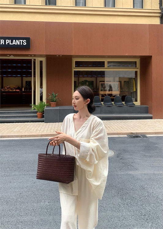 25Jul. 日常通勤穿 夏日簡約襯衫闊腿褲套裝 杏/黑