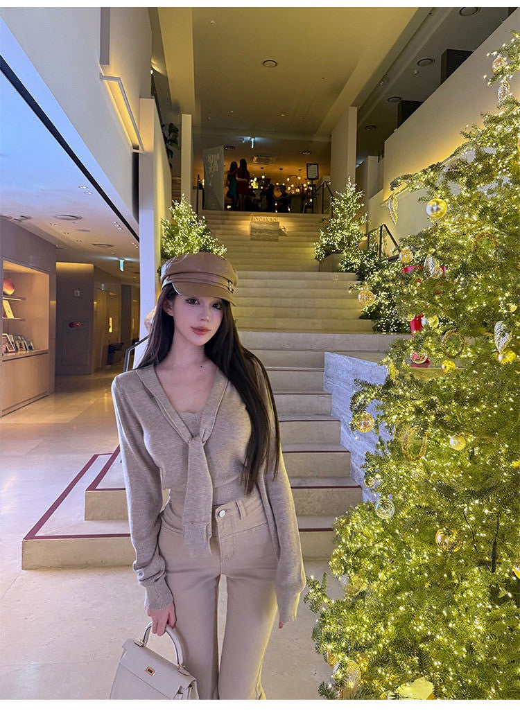 26Jan. 卡其韓女假兩件式繫帶羊毛上衣 高彈力大長腿喇叭褲 奶茶
