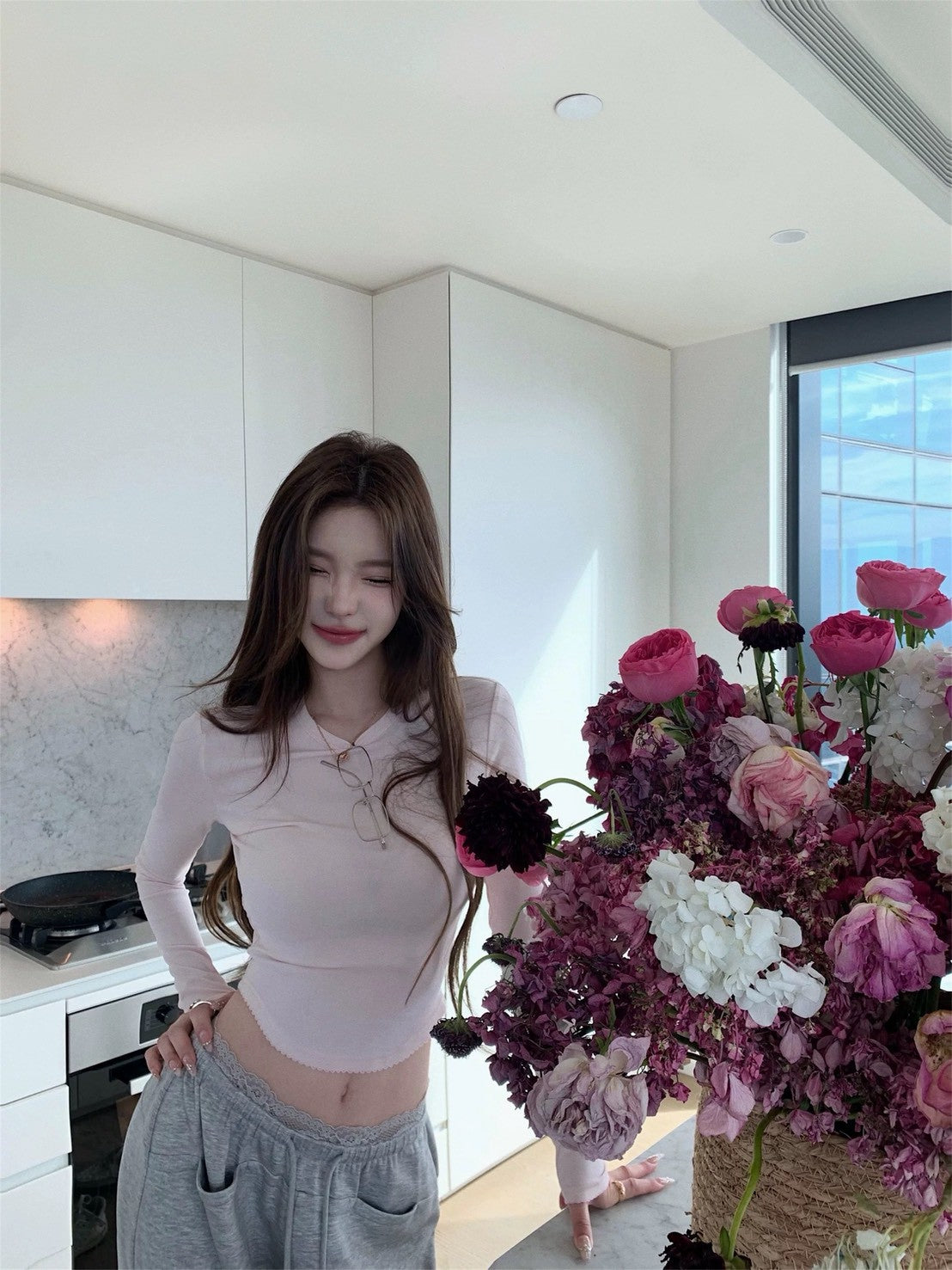 26Apr. 美模辣妹 歐美正肩顯瘦上衣 蕾絲拼接闊腿褲 2色選