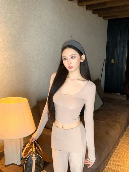 25Nov. 辣妹瑜伽私服 防走光雙層高腰休閒褲套裝 杏/咖