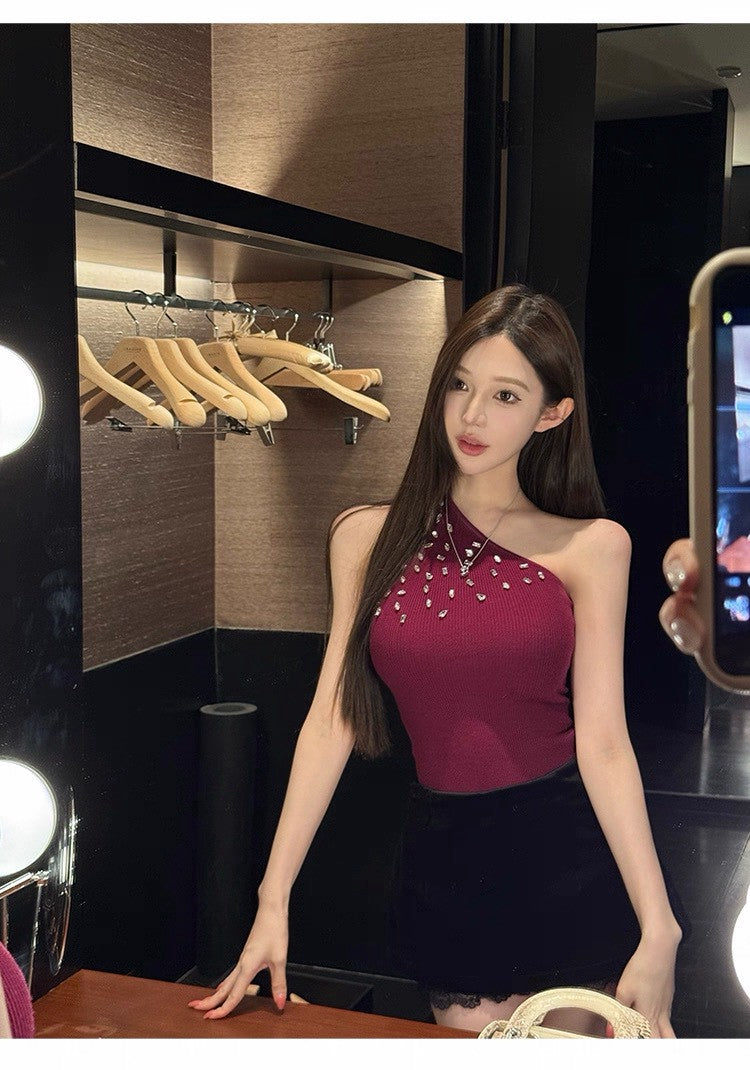 26Apr. 紙醉金迷 性感鑽黏單肩針織背心 紫紅