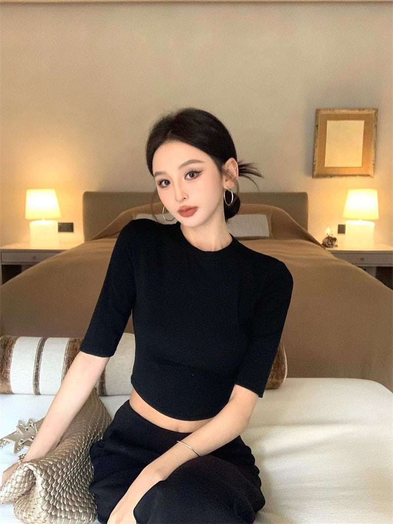 May. 極簡office siren高智修身五分袖上衣  設計款西裝休閒褲 黑