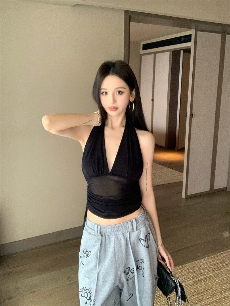 Jun. 繆斯情話 復古大挖背網紗掛脖背心 黑