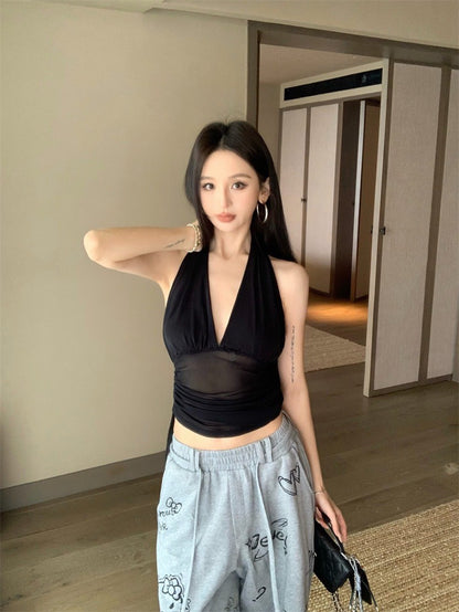 Jun. 繆斯情話 復古大挖背網紗掛脖背心 黑