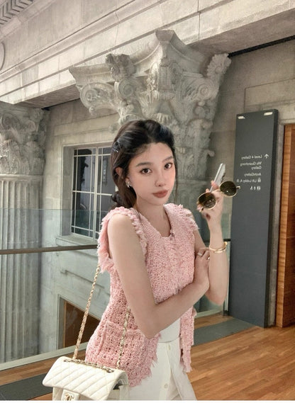 25Oct. 小香手工坊COCO粉色粗針鬚邊針織馬甲