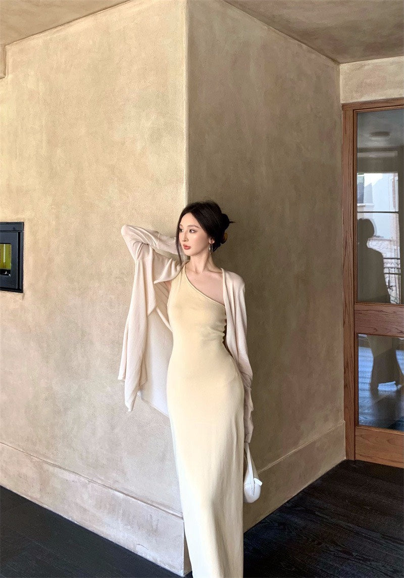 25Nov. 嫩奶黃氣質針織斜領連身裙 防曬開衫