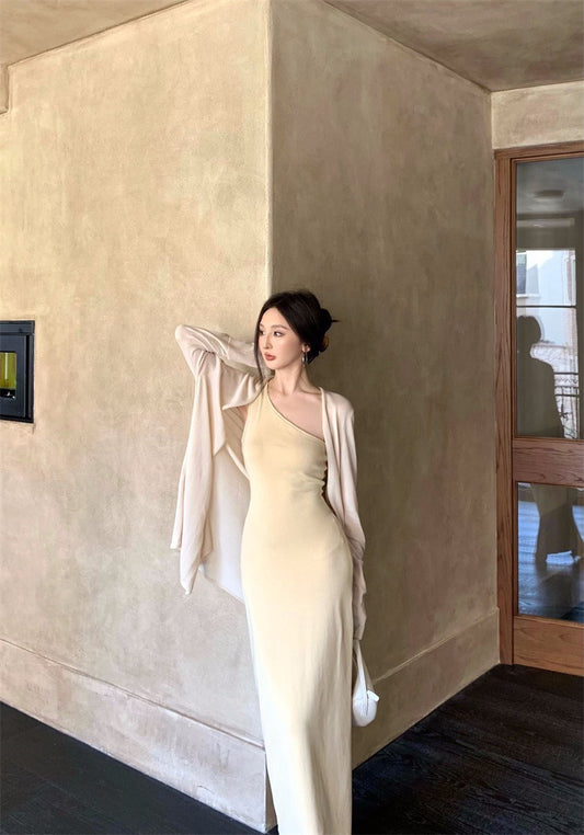 25Nov. 嫩奶黃氣質針織斜領連身裙 防曬開衫