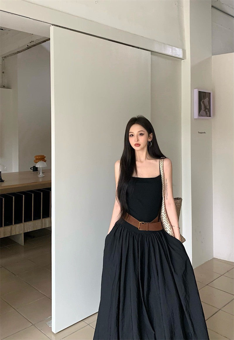 Jun. 溫柔通勤可調肩拼接連身裙 黑色