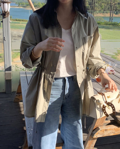25Sep. 韓系露營chic休閒抽繩收腰中長外套 卡其/白/黑