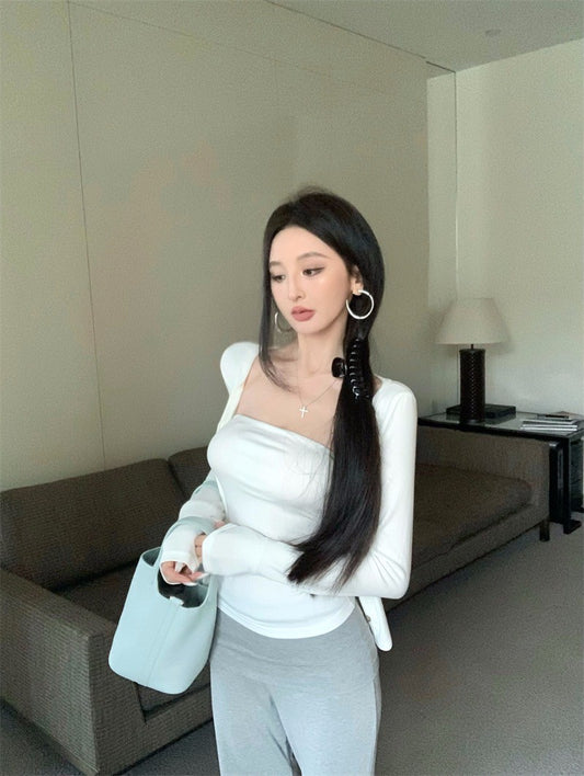 Jun. 白色排扣防曬開衫 雲感面膜抹胸 白/黑