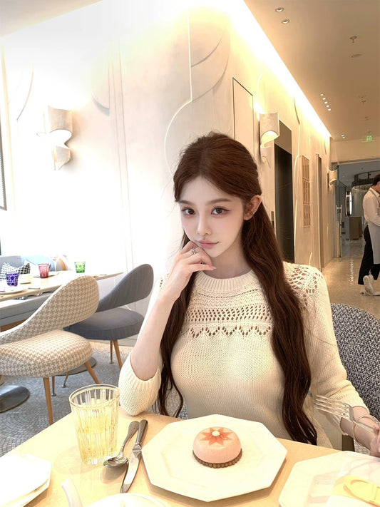 25Dec. Mel藝術生休閒七分袖縷空針織上衣 杏