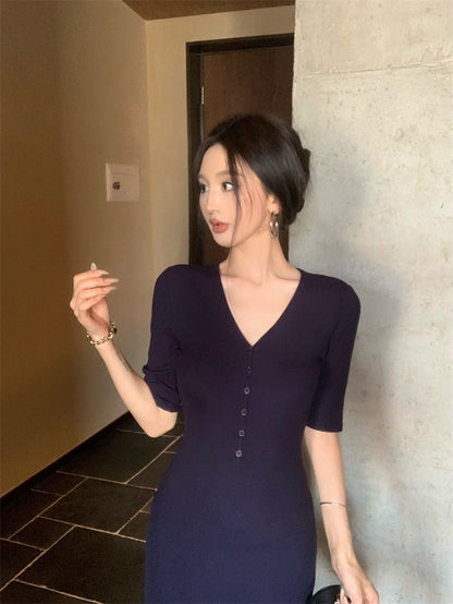 May. 氣質赫本裙 新款5分袖V領顯瘦連衣裙 深藍