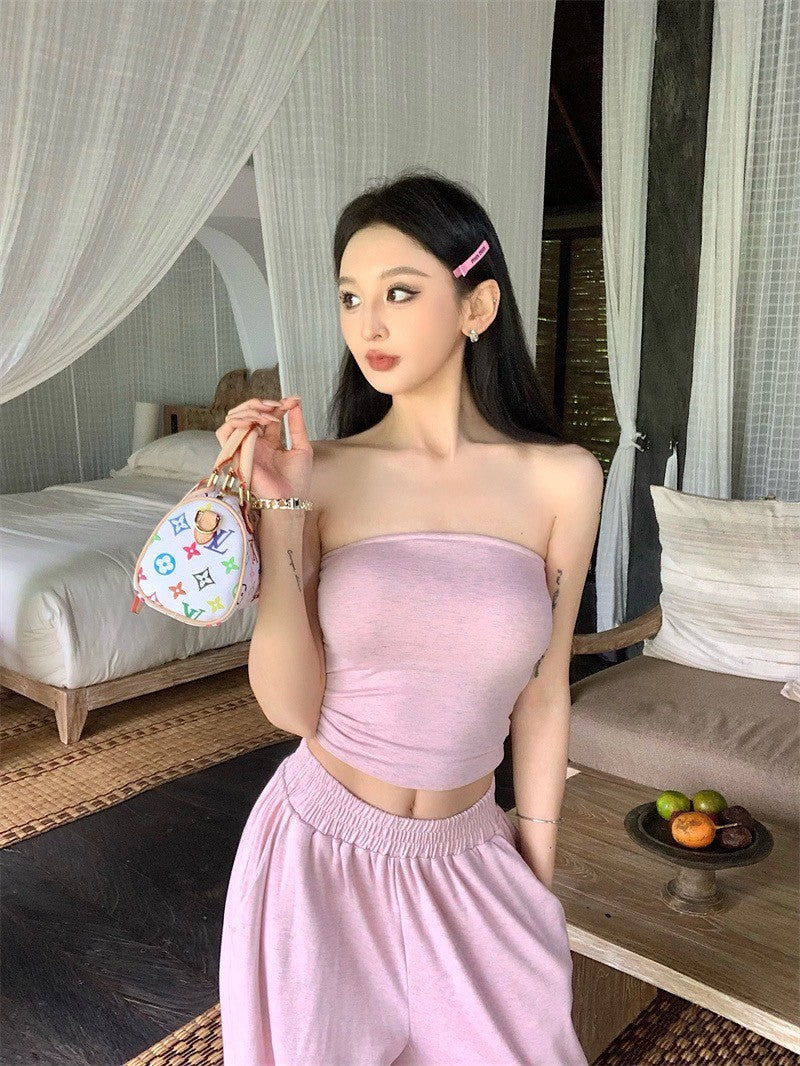 May. 度假出遊 辣妹顯瘦純色抹胸休閒褲套裝 粉/灰