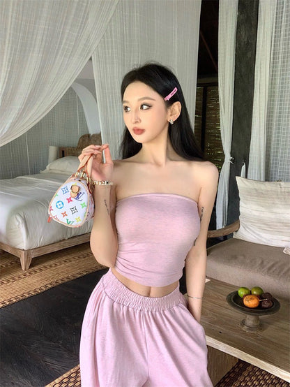 May. 度假出遊 辣妹顯瘦純色抹胸休閒褲套裝 粉/灰