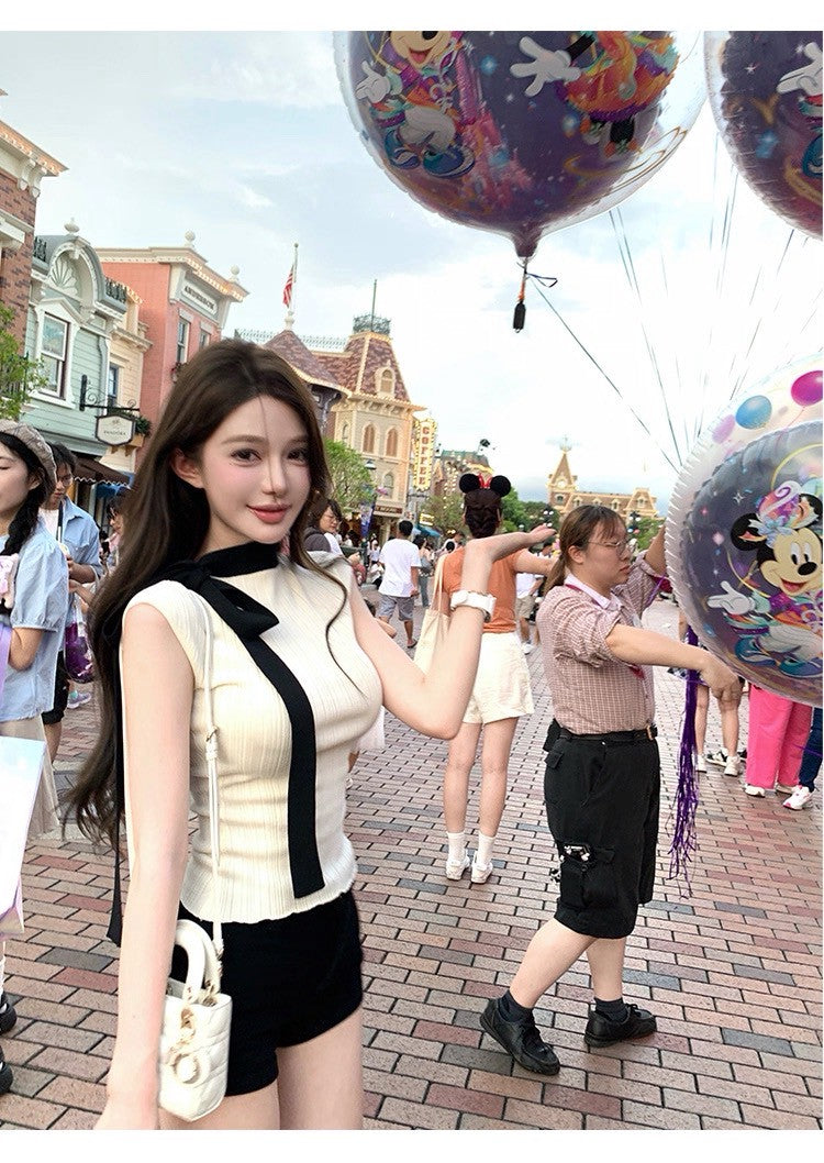 25Sep. 高雅黑白撞色飄帶針織上衣 白