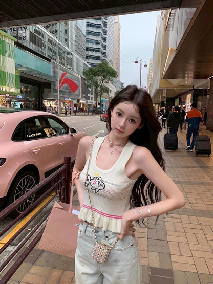 Jun. 童趣魚兒刺繡 收腰花瓣針織背心 杏