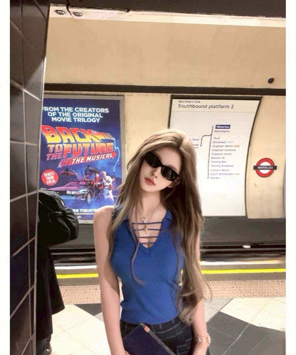 Jun. 新款idol天菜 純欲顯瘦polo領針織背心 克萊因藍/辣椒紅/薑黃