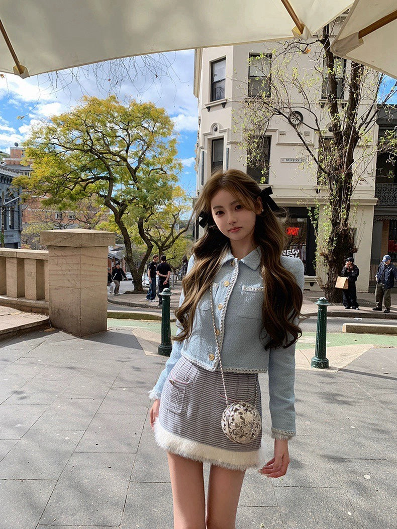 25Nov. 25B粉藍花楹 氣質織紗袖針織半身裙套裝 藍