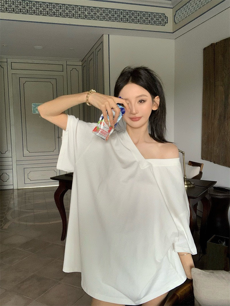 Jun. 在家舒適穿美式寬鬆中長款短袖上衣 白