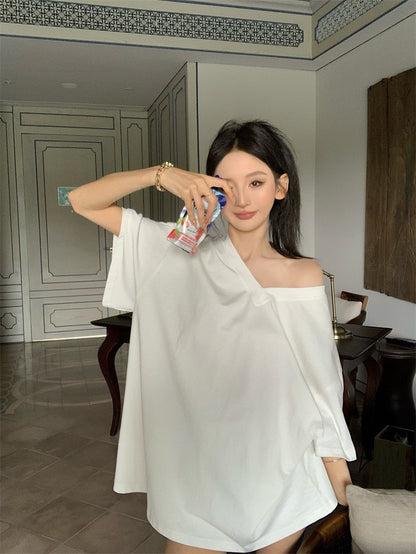 Jun. 在家舒適穿美式寬鬆中長款短袖上衣 白