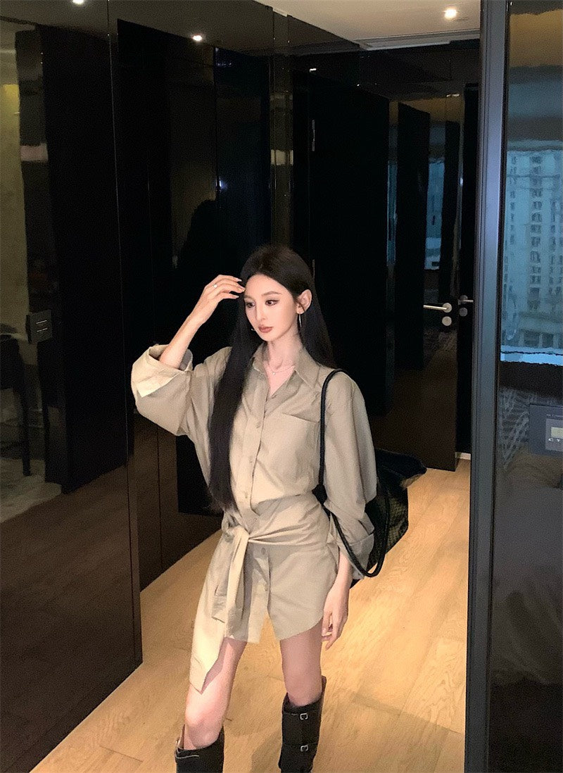 25Nov. 愛逗私服慵懶個性繫帶式襯衫裙 卡其