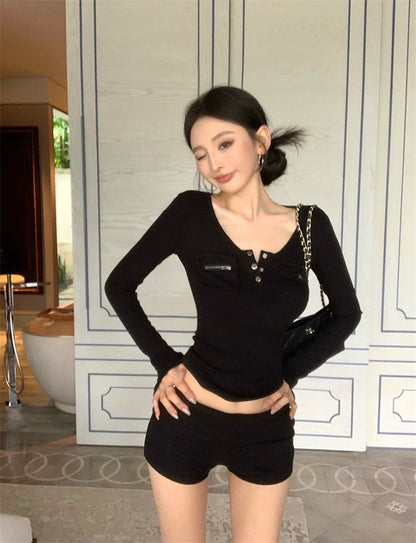 Apr. 復興時代美式U領口袋上衣中腰短褲套裝 黑