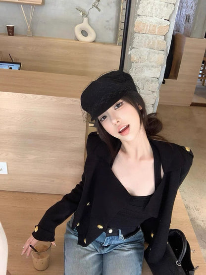 26Jan. 復古千金法式奢華雙排金釦針織外套 黑/白