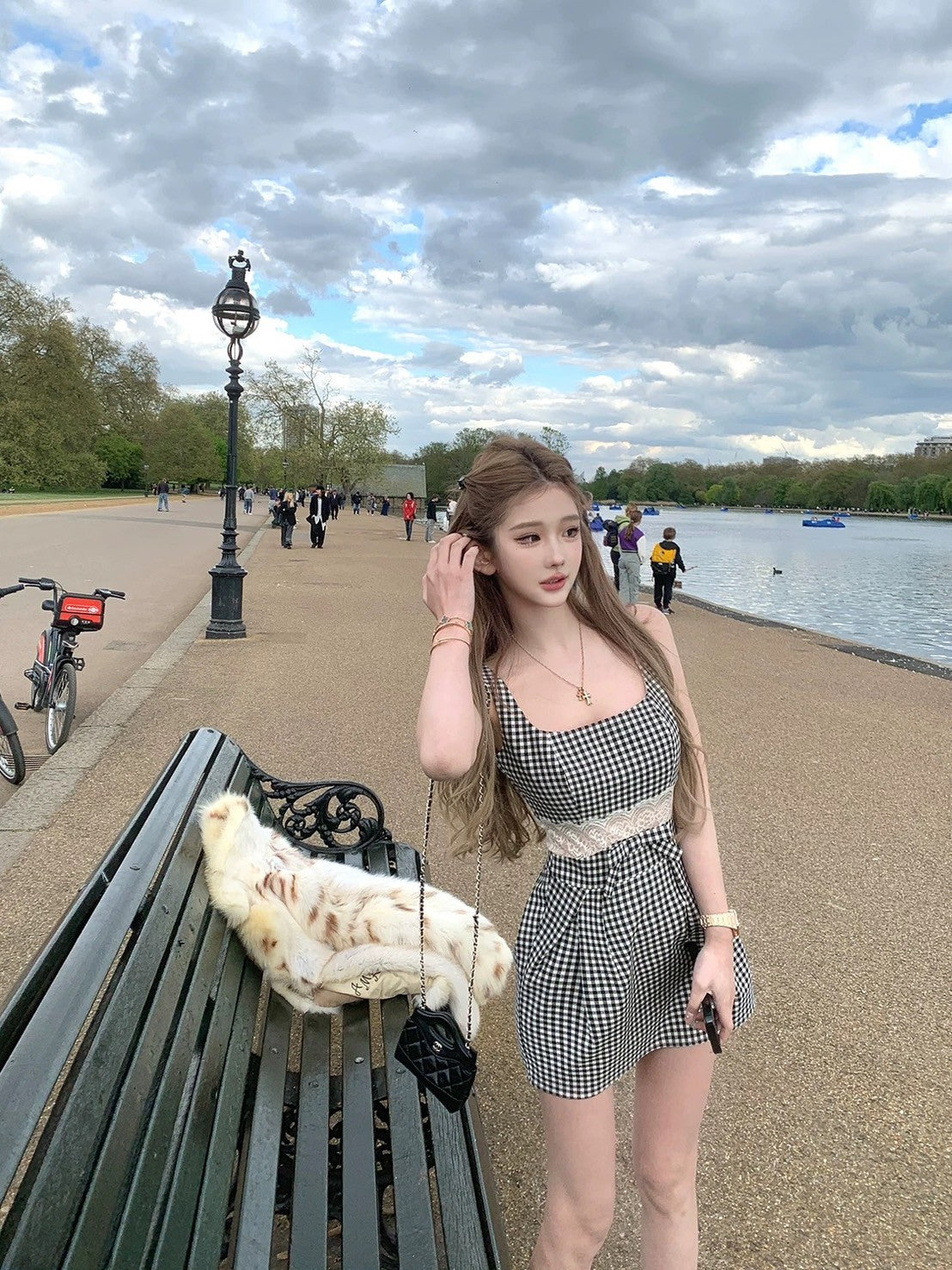 Jun. 復古畫報 格紋方領蕾絲收腰小洋裝