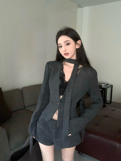 26Jan. 復古收腰西裝飄帶低腰短褲套裝 灰/黑